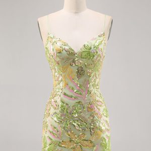 Sparkly Green Spaghetti Straps Tight Homecoming Dress - Image 1