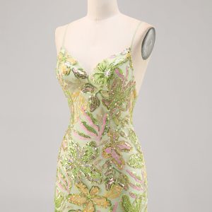Sparkly Green Spaghetti Straps Tight Homecoming Dress - Image 3