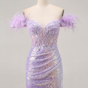 Sparkly Lilac Off The Shoulder Bodycon Corset Homecoming Dress - Image 1
