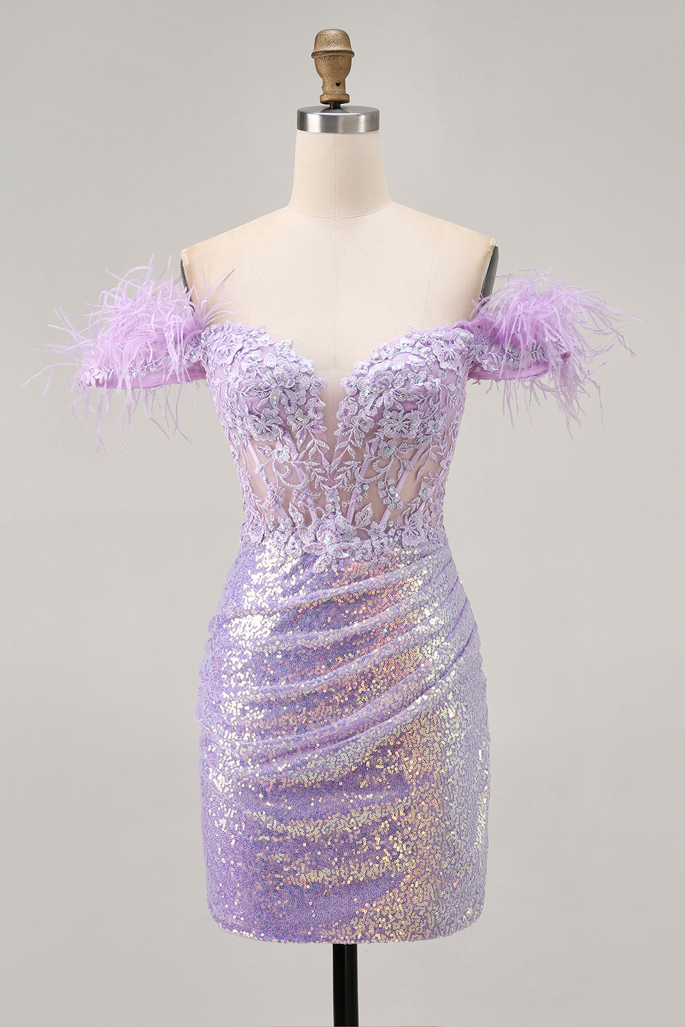 Sparkly Lilac Off The Shoulder Bodycon Corset Homecoming Dress - Image 1