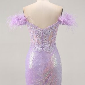 Sparkly Lilac Off The Shoulder Bodycon Corset Homecoming Dress - Image 2