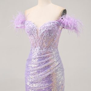 Sparkly Lilac Off The Shoulder Bodycon Corset Homecoming Dress - Image 3