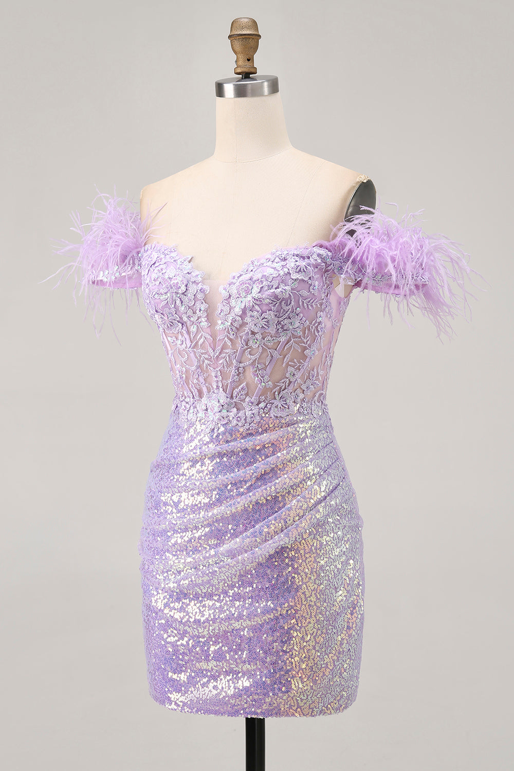 Sparkly Lilac Off The Shoulder Bodycon Corset Homecoming Dress - Image 3