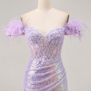 Sparkly Lilac Off The Shoulder Bodycon Corset Homecoming Dress - Image 4