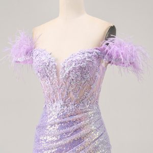 Sparkly Lilac Off The Shoulder Bodycon Corset Homecoming Dress - Image 6
