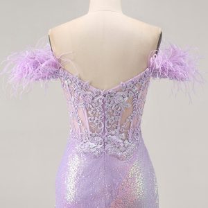 Sparkly Lilac Off The Shoulder Bodycon Corset Homecoming Dress - Image 5