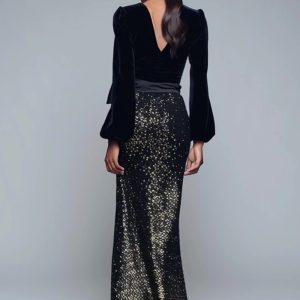 Sparkly Mermaid Black Long Sleeve Formal Dress with Bow - Image 2