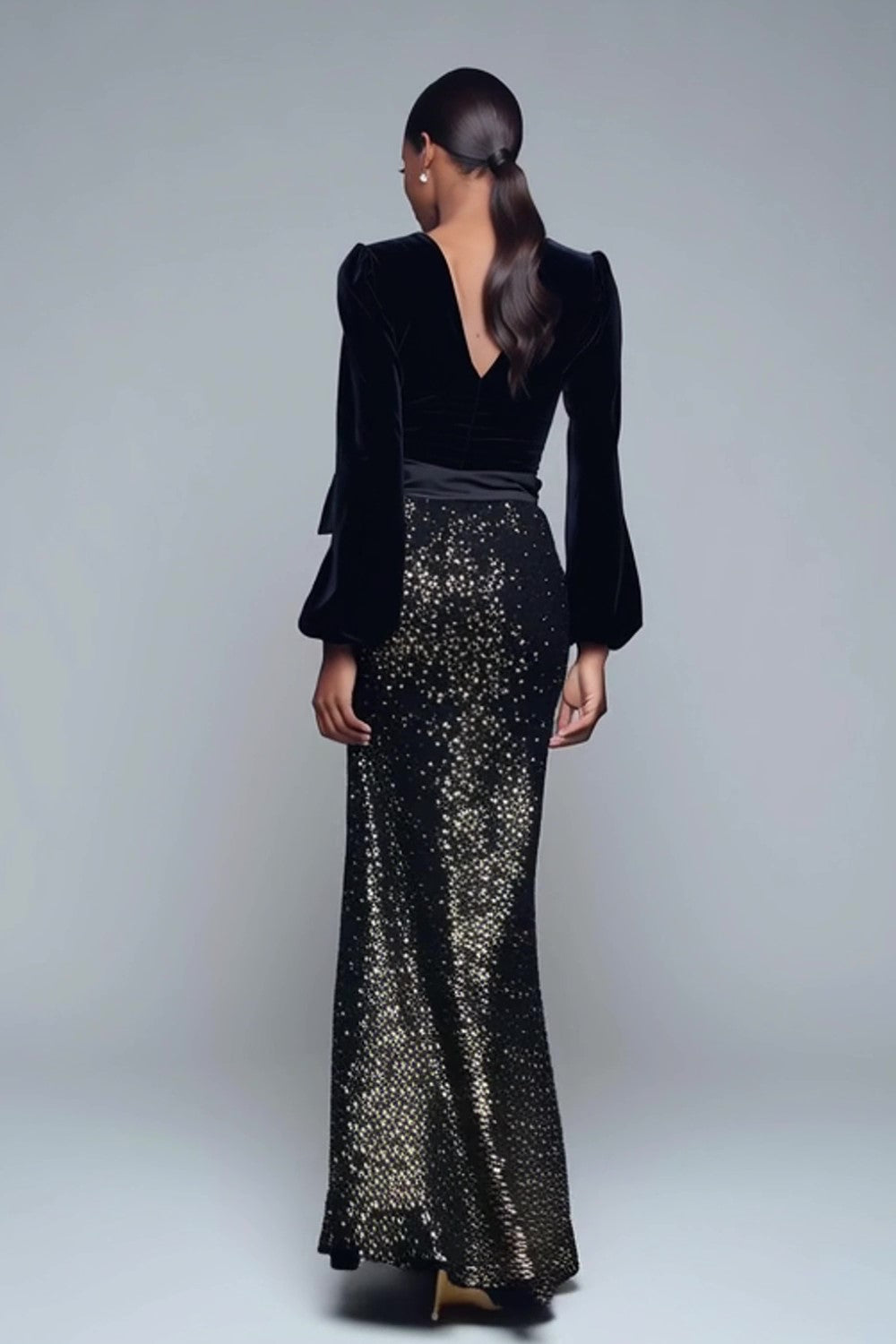 Sparkly Mermaid Black Long Sleeve Formal Dress with Bow - Image 2