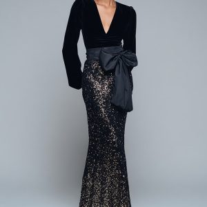Sparkly Mermaid Black Long Sleeve Formal Dress with Bow - Image 1