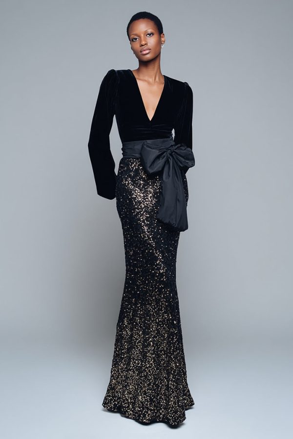 Sparkly Mermaid Black Long Sleeve Formal Dress with Bow