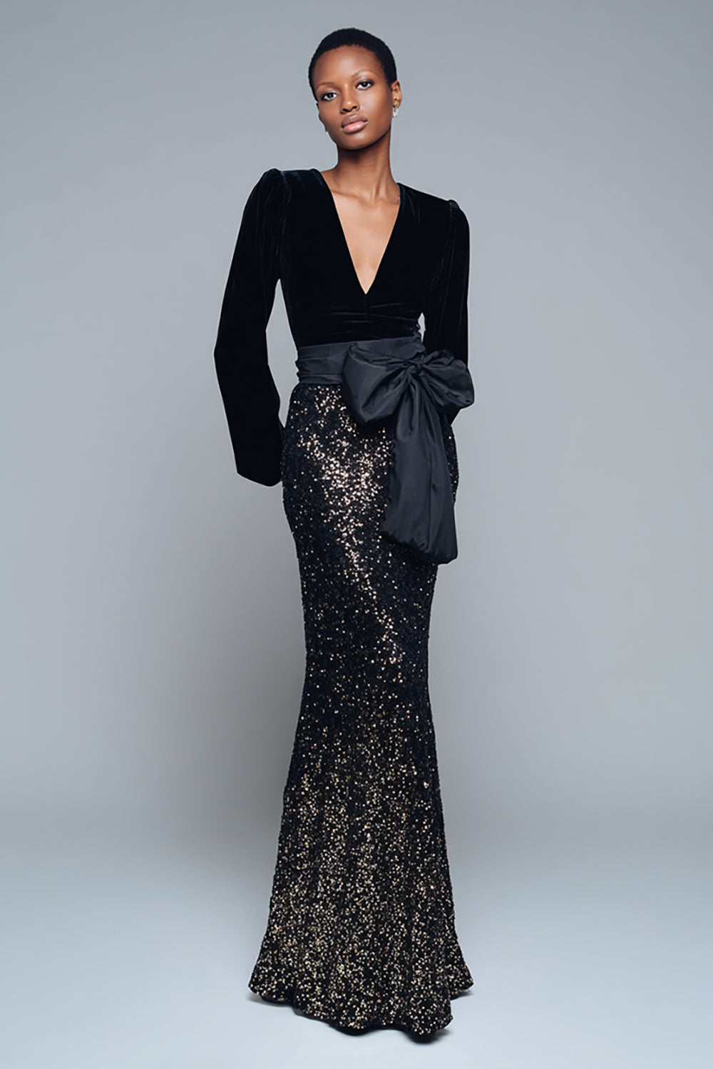 Sparkly Mermaid Black Long Sleeve Formal Dress with Bow - Image 1