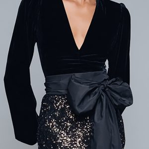 Sparkly Mermaid Black Long Sleeve Formal Dress with Bow - Image 3