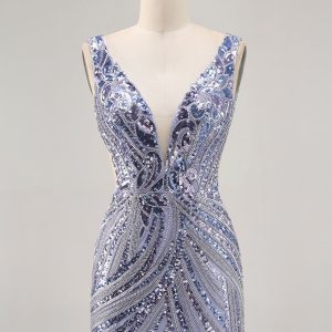 Sparkly Lilac V-Neck Bodycon Homecoming Dress - Image 1