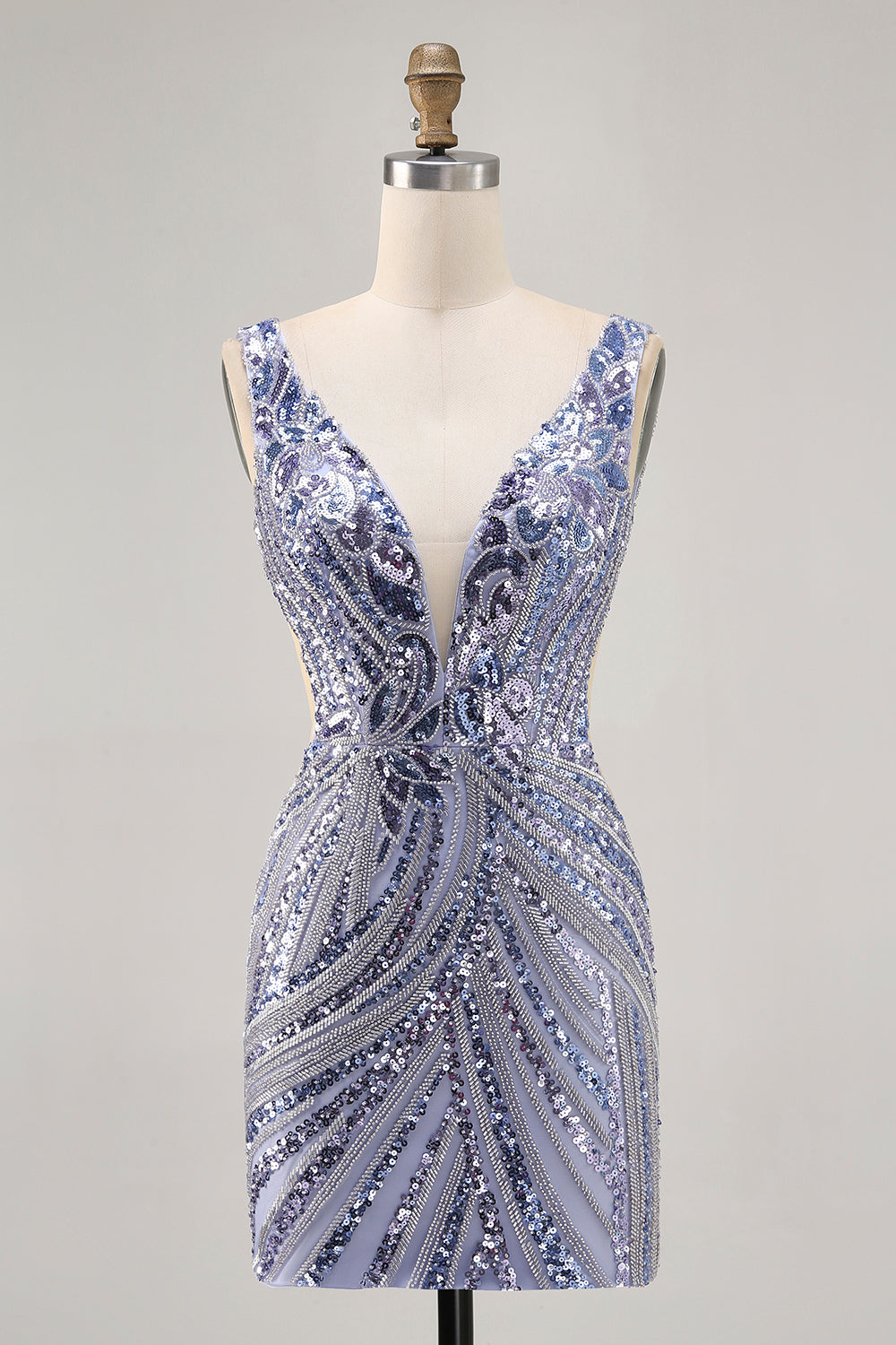 Sparkly Lilac V-Neck Bodycon Homecoming Dress - Image 1