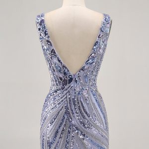Sparkly Lilac V-Neck Bodycon Homecoming Dress - Image 2