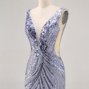 Sparkly Lilac V-Neck Bodycon Homecoming Dress - Image 3