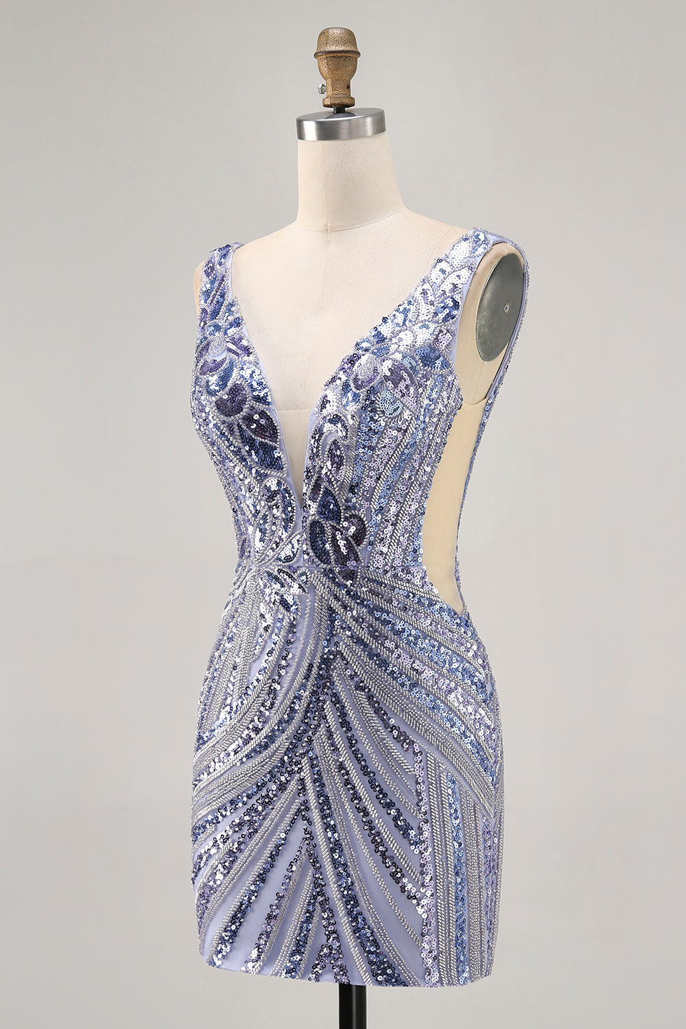Sparkly Lilac V-Neck Bodycon Homecoming Dress - Image 3