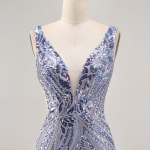 Sparkly Lilac V-Neck Bodycon Homecoming Dress - Image 4