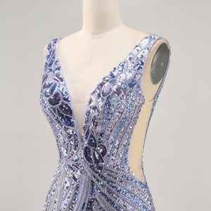 Sparkly Lilac V-Neck Bodycon Homecoming Dress - Image 6