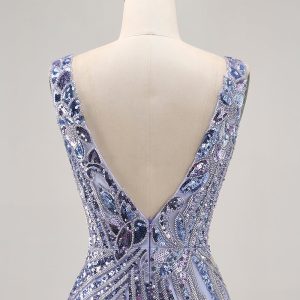 Sparkly Lilac V-Neck Bodycon Homecoming Dress - Image 5