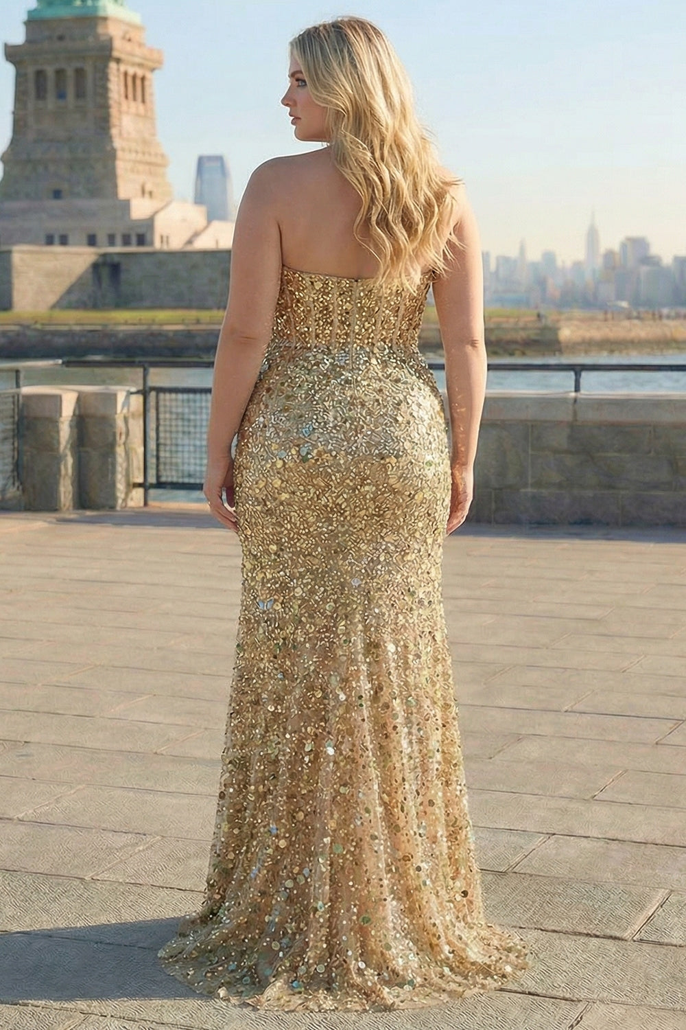 Sparkly Golden Plus Size Strapless Corset Mermaid Prom Dress - Image 2
