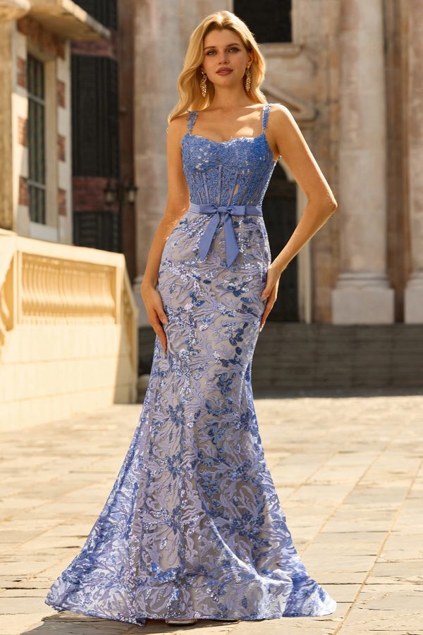 Sparkly Mermaid Grey Blue Corset Appliqued Prom Dress