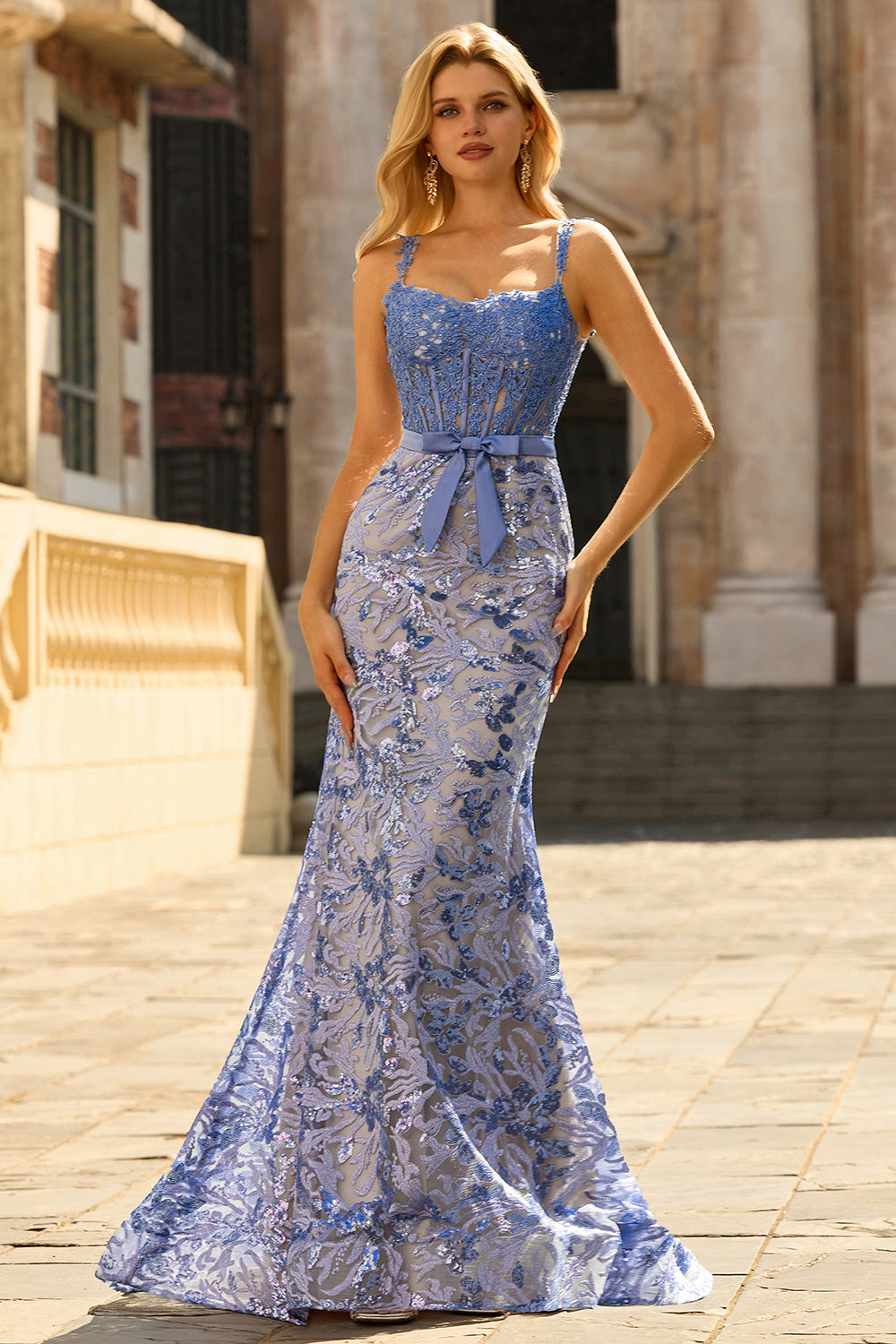 Sparkly Mermaid Grey Blue Corset Appliqued Prom Dress - Image 1