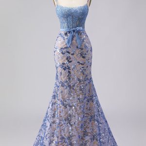 Sparkly Mermaid Grey Blue Corset Appliqued Prom Dress - Image 7