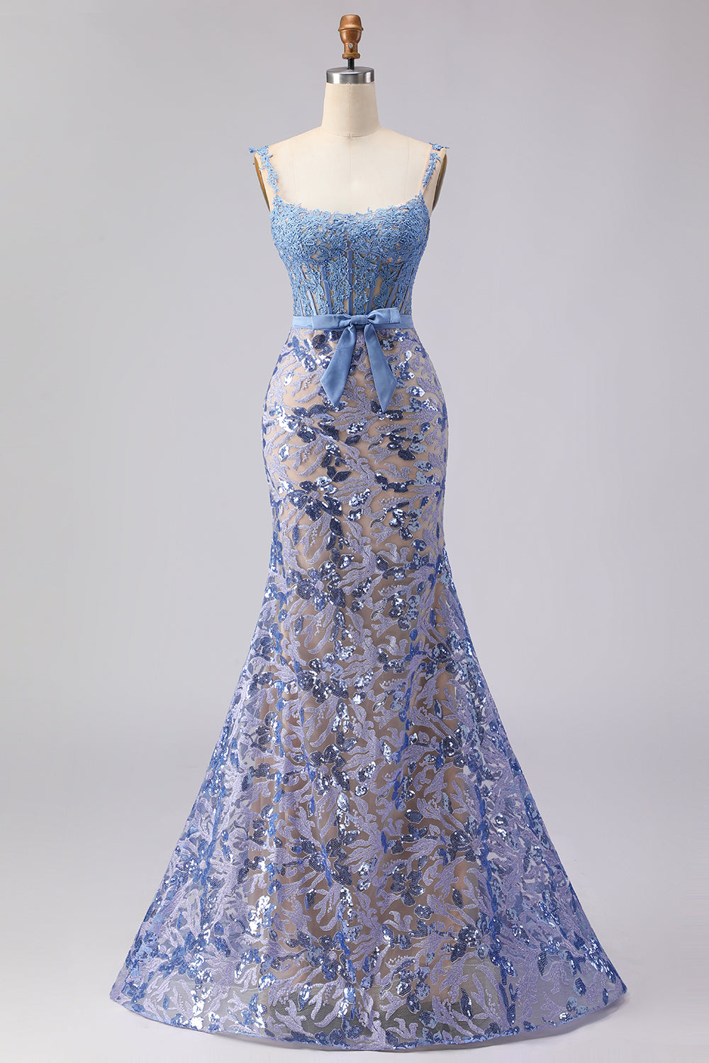 Sparkly Mermaid Grey Blue Corset Appliqued Prom Dress - Image 7