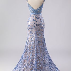 Sparkly Mermaid Grey Blue Corset Appliqued Prom Dress - Image 8