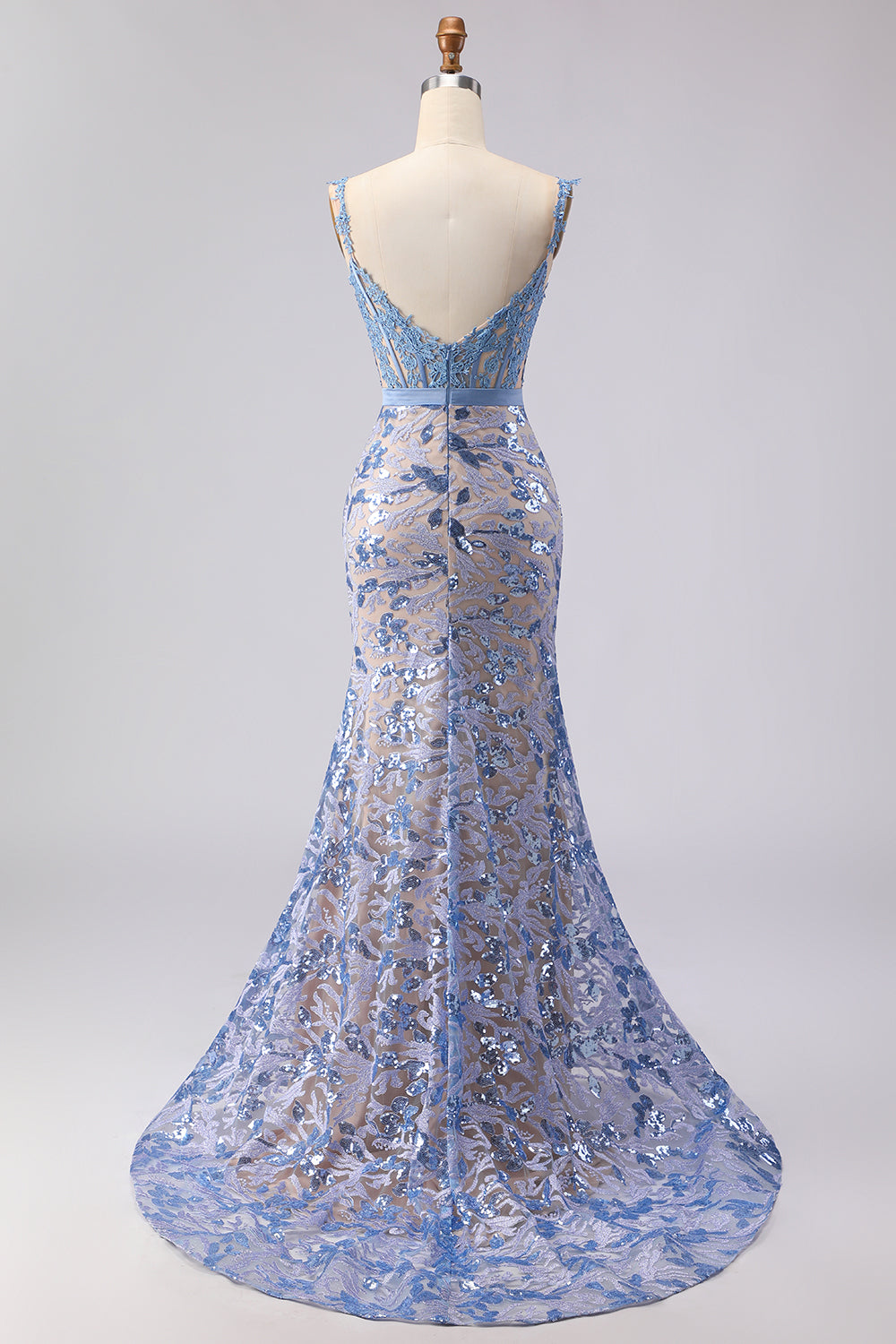 Sparkly Mermaid Grey Blue Corset Appliqued Prom Dress - Image 8