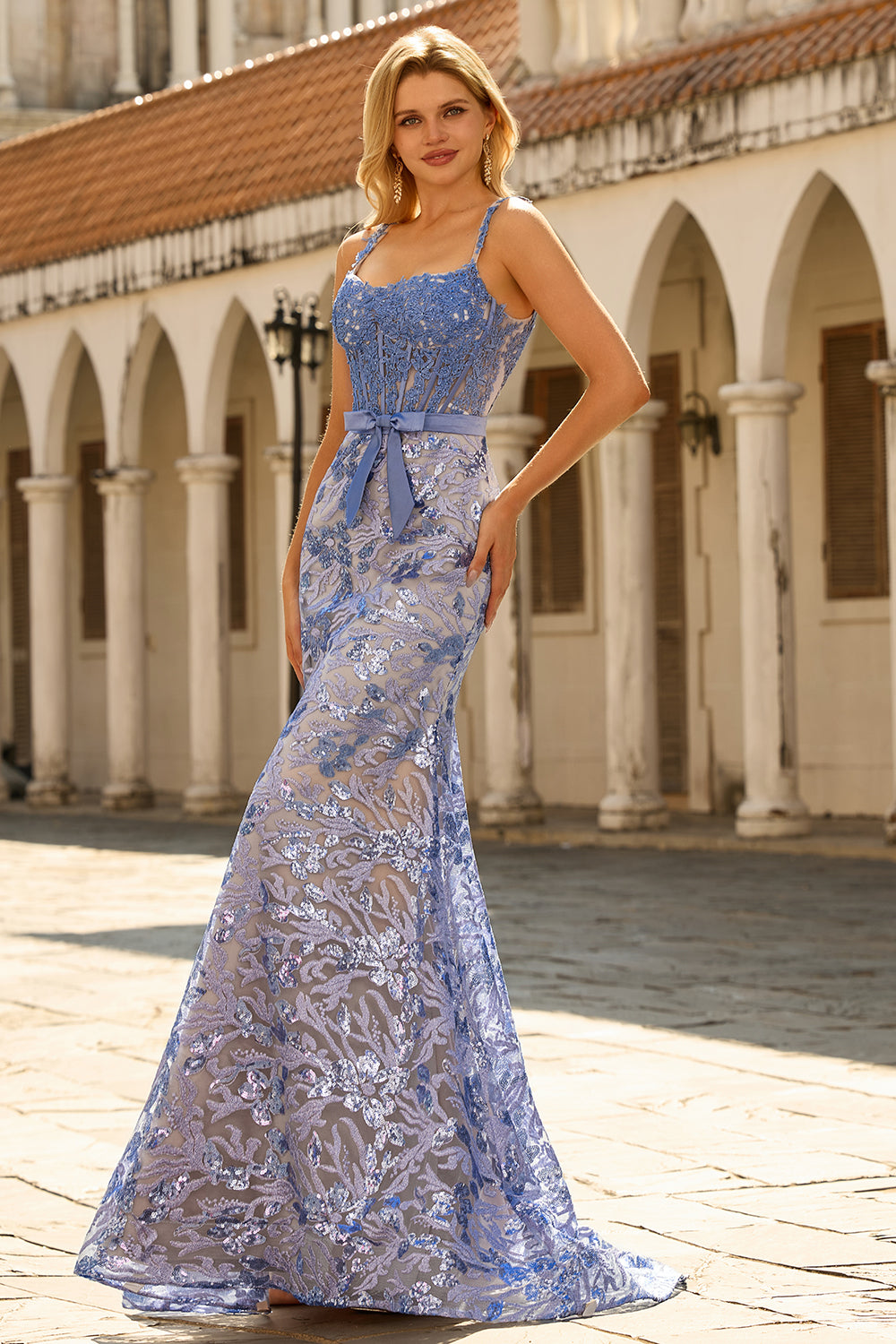 Sparkly Mermaid Grey Blue Corset Appliqued Prom Dress - Image 3