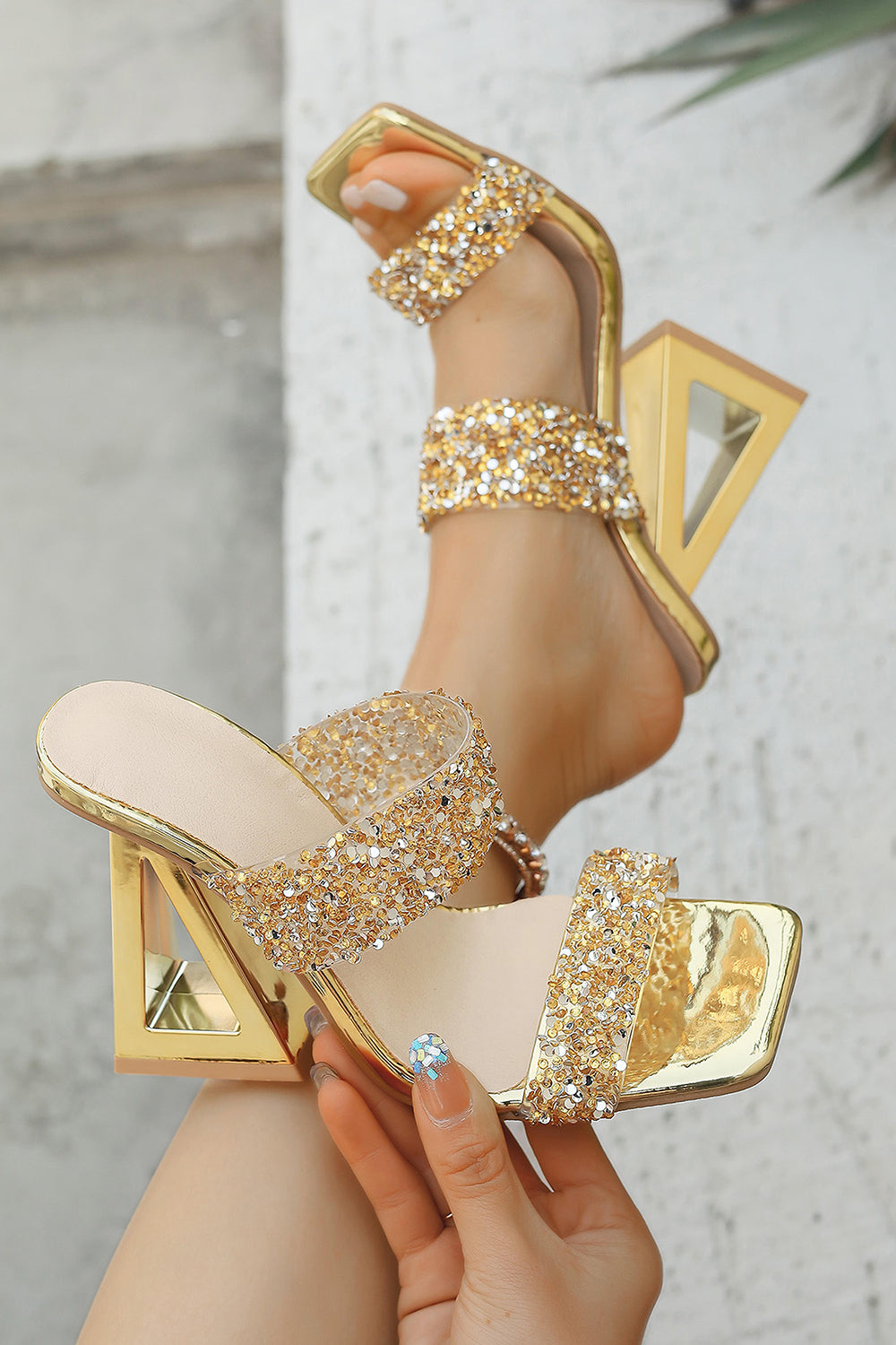 Sparkly Golden Sequin Open Toe Strappy Block Heel Sandals - Image 6