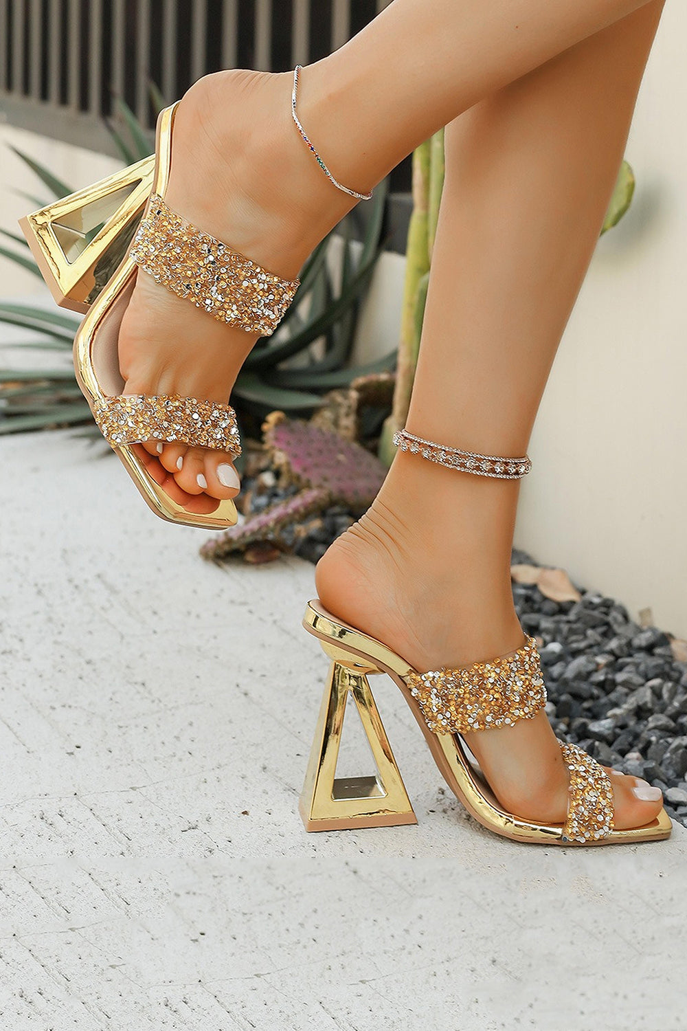 Sparkly Golden Sequin Open Toe Strappy Block Heel Sandals - Image 3