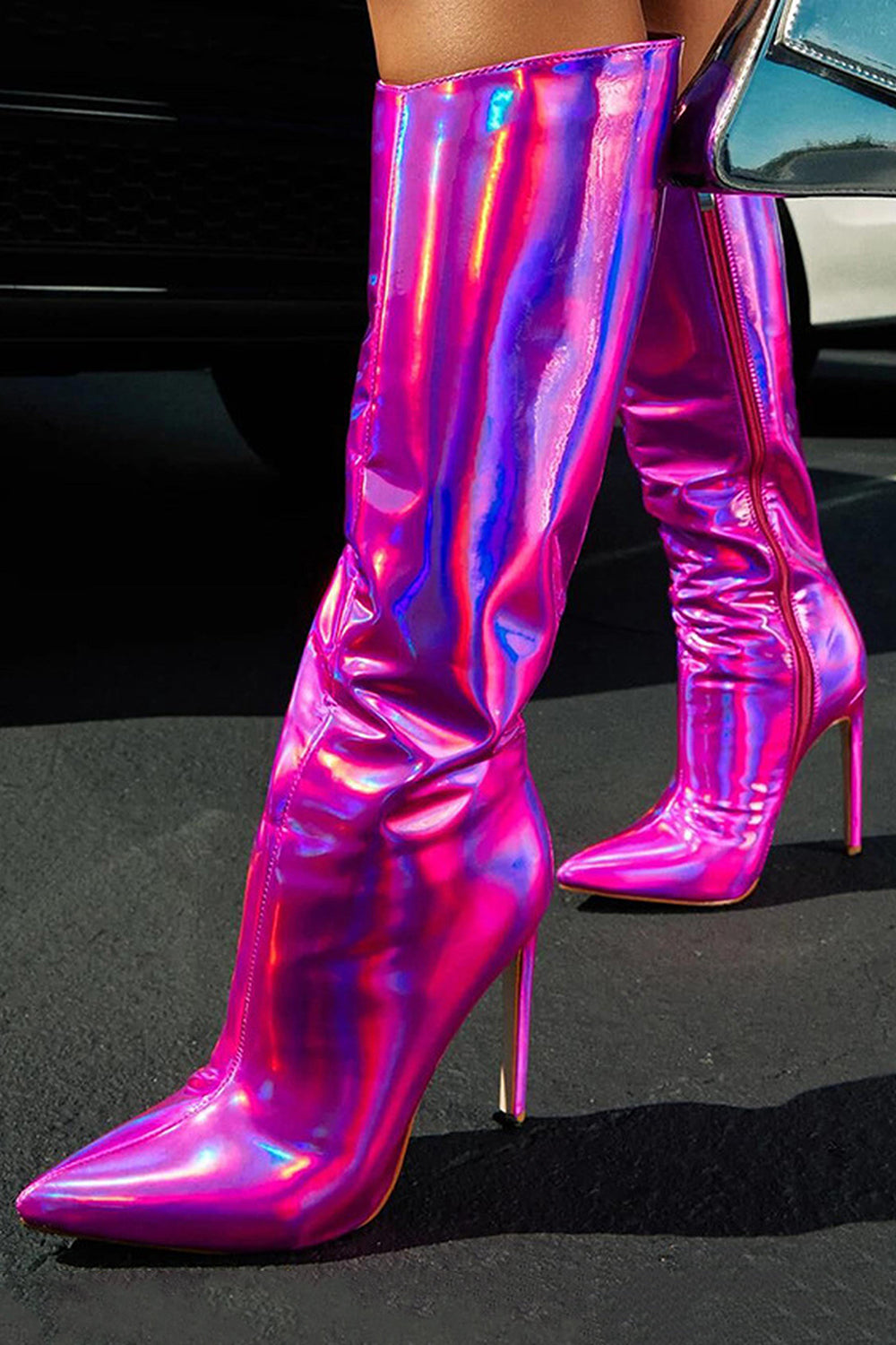 Sparkly Hot Pink Pointed Toe Stiletto High Heel Knee High Boots - Image 1