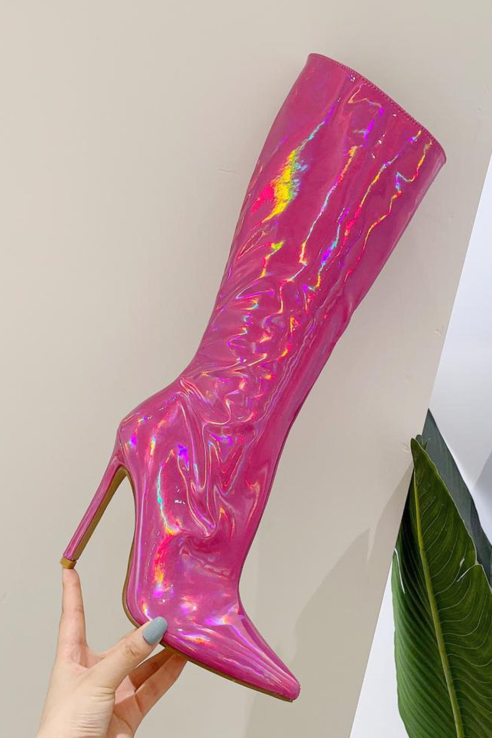 Sparkly Hot Pink Pointed Toe Stiletto High Heel Knee High Boots - Image 2
