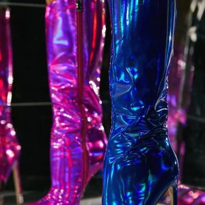 Sparkly Hot Pink Pointed Toe Stiletto High Heel Knee High Boots - Image 4