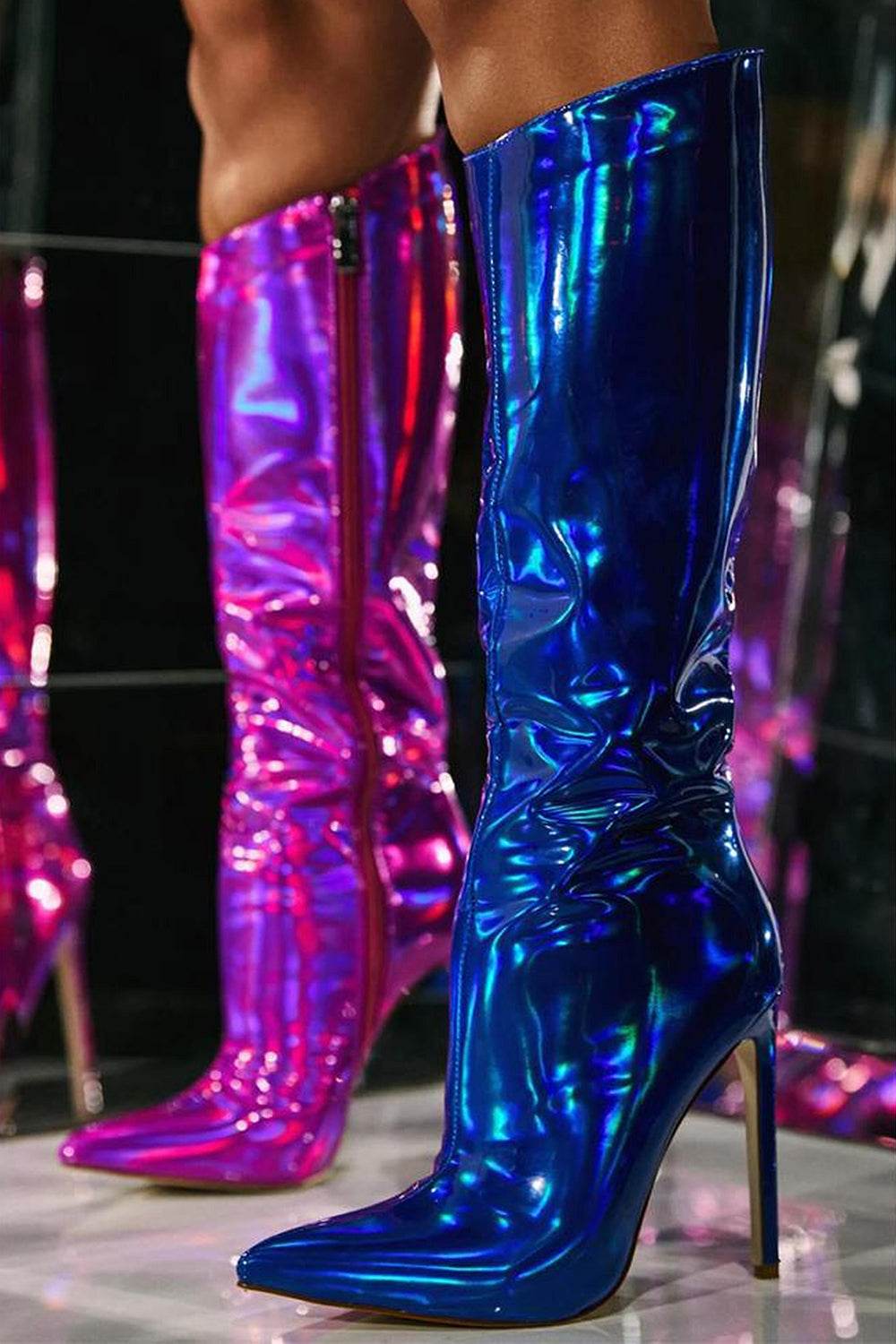 Sparkly Hot Pink Pointed Toe Stiletto High Heel Knee High Boots - Image 4