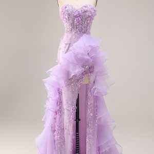 Sparkly Lilac Strapless Corset Prom Dress with Ruffles - Image 1