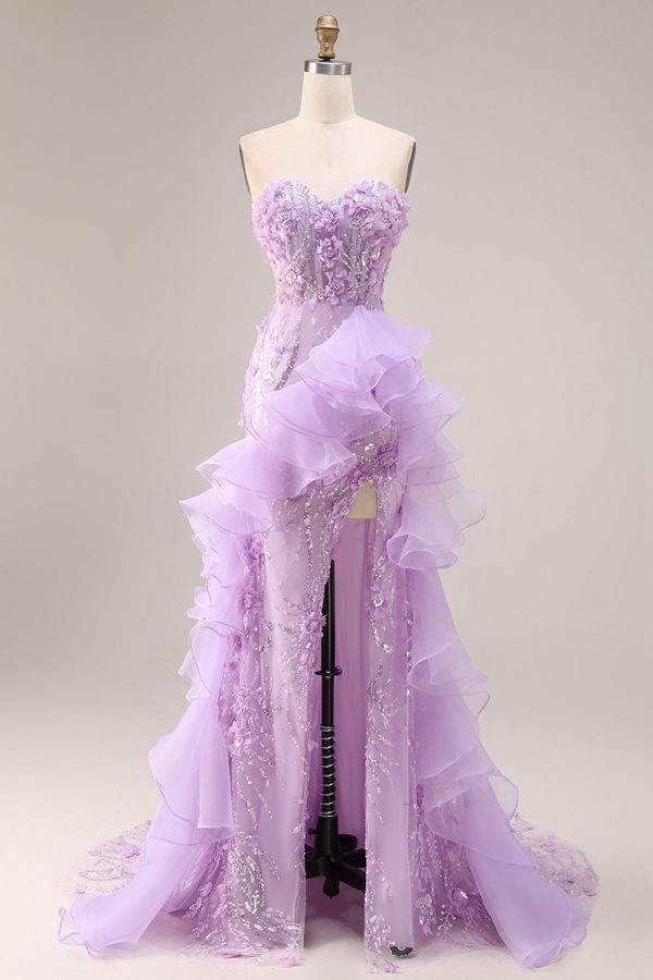 Sparkly Lilac Strapless Corset Prom Dress with Ruffles