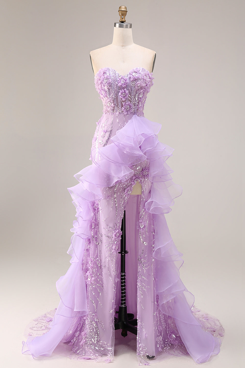 Sparkly Lilac Strapless Corset Prom Dress with Ruffles - Image 1