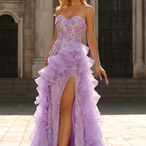 Sparkly Lilac Strapless Corset Prom Dress with Ruffles - Image 3