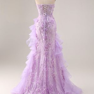 Sparkly Lilac Strapless Corset Prom Dress with Ruffles - Image 2
