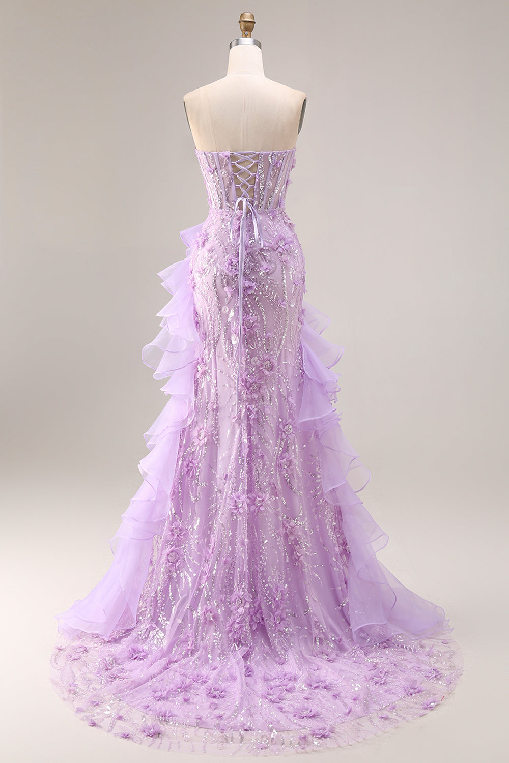 Sparkly Lilac Strapless Corset Prom Dress with Ruffles - Image 2