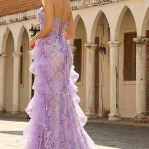 Sparkly Lilac Strapless Corset Prom Dress with Ruffles - Image 4