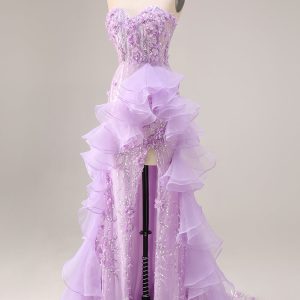 Sparkly Lilac Strapless Corset Prom Dress with Ruffles - Image 5