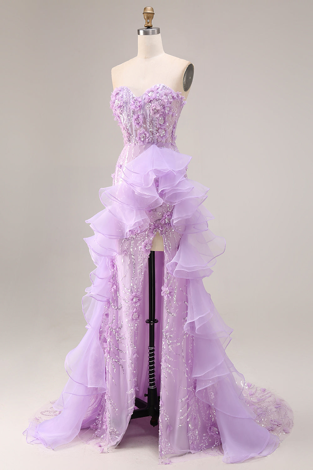Sparkly Lilac Strapless Corset Prom Dress with Ruffles - Image 5