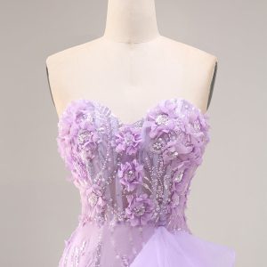 Sparkly Lilac Strapless Corset Prom Dress with Ruffles - Image 6