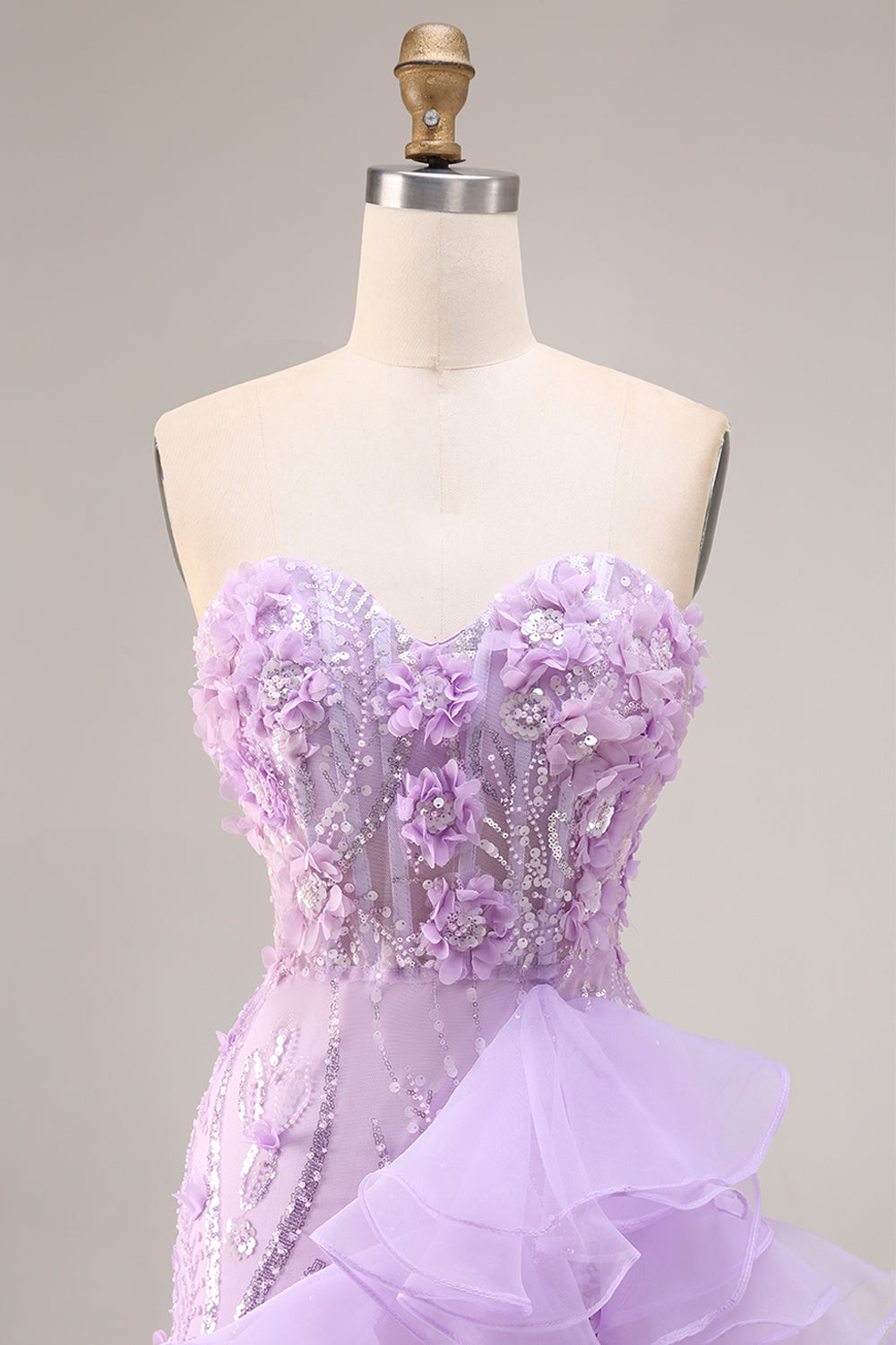 Sparkly Lilac Strapless Corset Prom Dress with Ruffles - Image 6