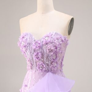 Sparkly Lilac Strapless Corset Prom Dress with Ruffles - Image 8